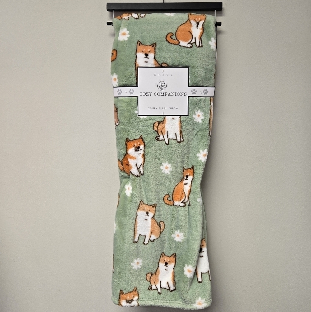 Cozy Companions Shibas and Daisies Comfy Plush Throw Blanket Green